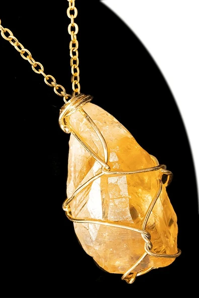 Sertifikalı Ham İşlenmemiş Gold Sitrin Taşı Kolye - Tel Sargılı ürün görseli 1