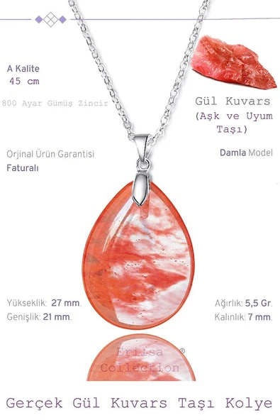 Sertifikalı Damla Model Gül Kuvars Taşı Kolye (Gümüş Aparatlı) ürün görseli 1