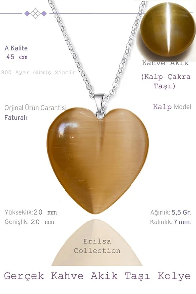 Sertifikalı Kalp Model Kahverengi Akik Taşı Kolye (Gümüş Aparatlı) ürün görseli 1