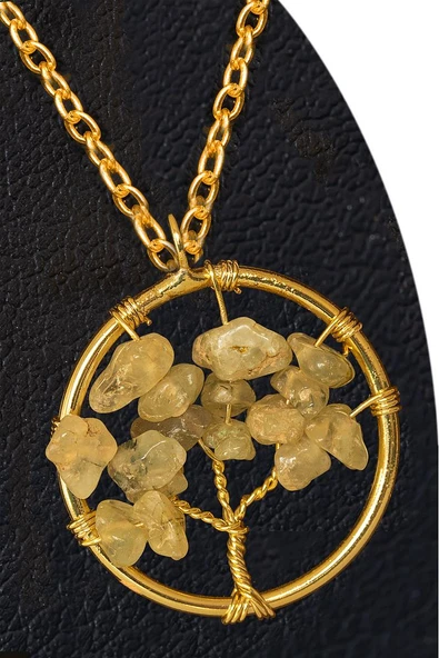 Sertifikalı Gold Prehnite - Prinayt Taşı Hayat Ağacı Kolye - Altın Renkli ürün görseli 1