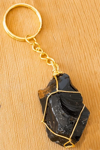Sertifikalı Gold Siyah Obsidyen Taşı Anahtarlık - Tel Sargılı ürün görseli 1