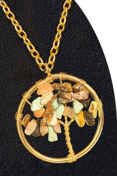 Sertifikalı Gold 7 Çakra Hayat Ağacı Kolye - Akik,Firuze,Jasper,Kuvars,Kaplan Gözü,Ametist,Akik ürün görseli 1