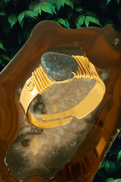 Sertifikalı Kalın Tımbıl Gold Model Mavi Apatit Taşı Yüzük - Ayarlamalı ürün görseli 1