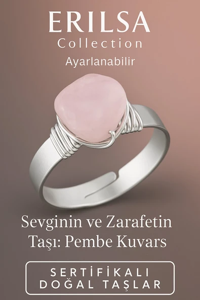 Sertifikalı Kalın Tımbıl Gümüş Pembe Kuvars Taşı Yüzük - Ayarlamalı ürün görseli 1