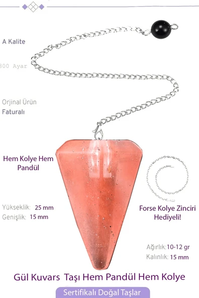 Sertifikalı Gül Kuvars Taşı Pandül Sarkaç Hem Pandül - Hem Kolye ürün görseli 1