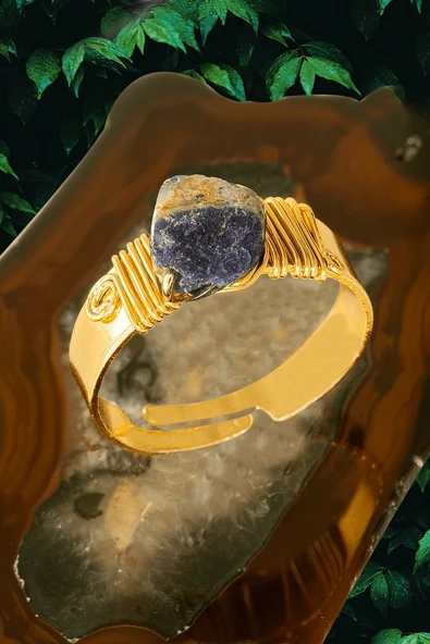 Sertifikalı Kalın Tımbıl Gold Model Azurit Taşı Yüzük - Ayarlamalı ürün görseli 1