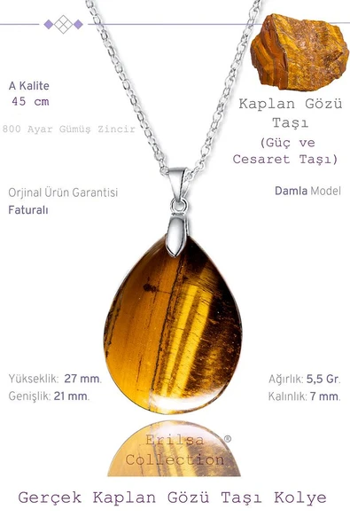 Sertifikalı Damla Model Kaplan Gözü Taşı Kolye (Gümüş Aparatlı) ürün görseli 1