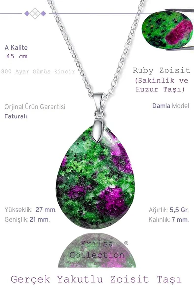 Sertifikalı Damla Model Ruby Yakutlu Zoisite - Anyolit Taşı Kolye (Gümüş Aparatlı) ürün görseli 1