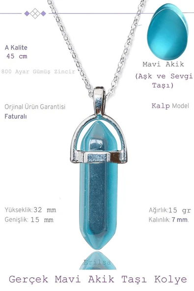 Sertifikalı Gerçek Çivi Model Açık Mavi Akik Taşı Kolye (1.Kalite) ürün görseli 1