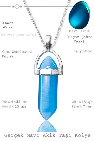 Sertifikalı Çivi Model Koyu Mavi Akik Taşı Kolye (1.Kalite) ürün görseli 1
