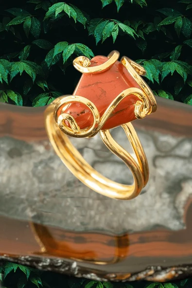 Sertifikalı Gold Rokoko Model Kırmızı Jasper Taşı Yüzük - Ayarlamalı ürün görseli 1