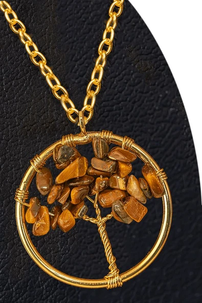Sertifikalı Gold Kaplan Gözü Taşı Hayat Ağacı Kolye - Altın Renkli ürün görseli 1