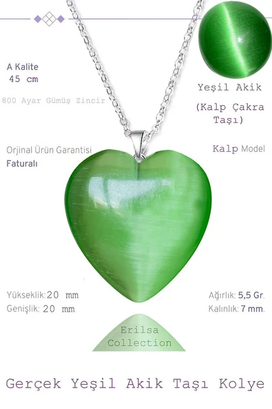 Sertifikalı Kalp Model Yeşil Akik Taşı Kolye (Gümüş Aparatlı) ürün görseli 1