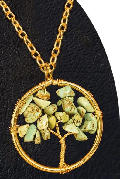 Sertifikalı Gold Firuze (Turkuaz) Taşı Hayat Ağacı Kolye - Altın Renkli ürün görseli 1
