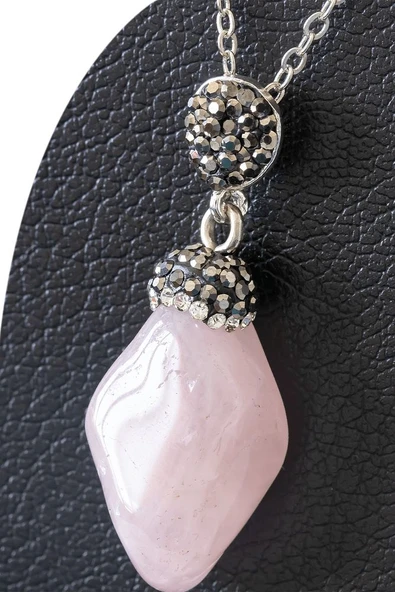 Sertifikalı Zirkon Taşlı Model Pembe Kuvars Taşı Kolye ürün görseli 1