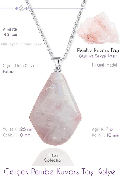 Sertifikalı Piramit Model Gerçek Pembe Kuvars Taşı Kolye ürün görseli 1