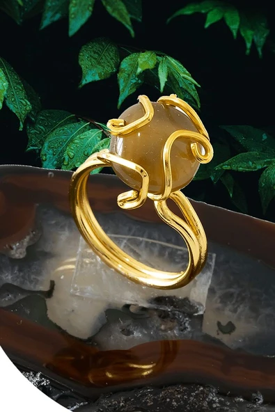 Sertifikalı Gold Rokoko Model Dumanlı Kuvars Taşı Yüzük - Ayaralamalı ürün görseli 1