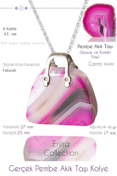Sertifikalı Çanta Model Pembe Akik Taşı Kolye ürün görseli 1