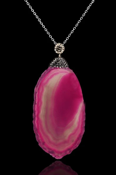 Sertifikalı Zirkon Taşlı Plaka Pembe Akik Taşı Kolye ürün görseli 1