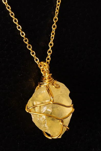 Sertifikalı Gold Tel Sargılı Limon Kuvars Taşı Kolye ürün görseli 1