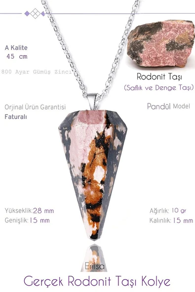 Sertifikalı Pandül Model Rodonit Taşı Kolye ürün görseli 1