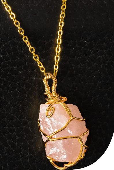 Sertifikalı Gold Tel Sargılı Ham Pembe Kuvars Taşı Kolye ürün görseli 1