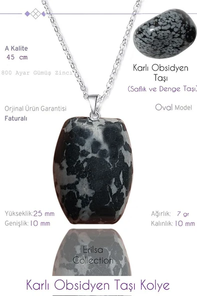 Sertifikalı Oval Model Karlı Obsidyen Taşı Kolye ürün görseli 1