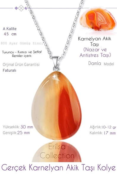 Sertifikalı Damla Model Gerçek Karnelyan Akik Taşı Kolye ürün görseli 1