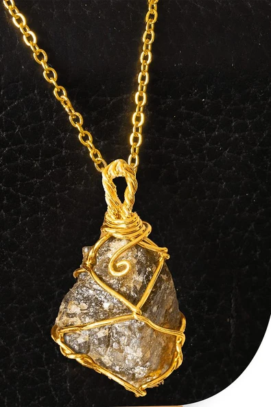 Sertifikalı Gold Tel Sargılı Ham Labradorit Taşı Kolye ürün görseli 1