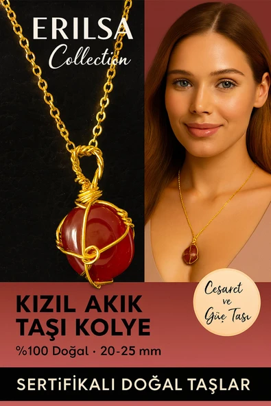 Sertifikalı Tel Sargılı Gold Renkli Doğal Kızıl Yemen Akik Taşı Kolye – Cesaret ve Güç Taşı ürün görseli 1