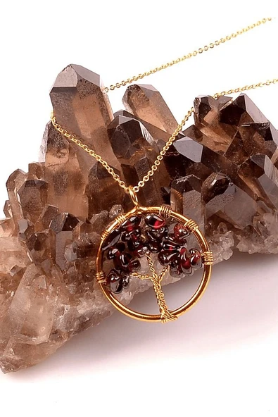 Sertifikalı Gold Lal Garnet Hayat Ağacı Kolye ürün görseli 1