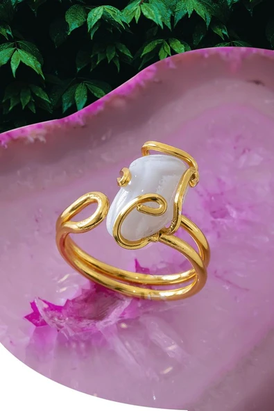 Sertifikalı Gold Rokoko Model Beyaz Akik Taşı Yüzük - Ayarlamalı ürün görseli 1