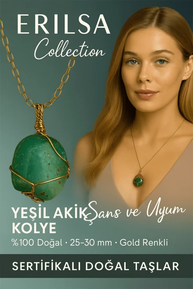 Sertifikalı Tel Sargılı Doğal Yeşil Akik Taşı Kolye – Altın Kaplama Huzur ve Denge Taşı ürün görseli 1