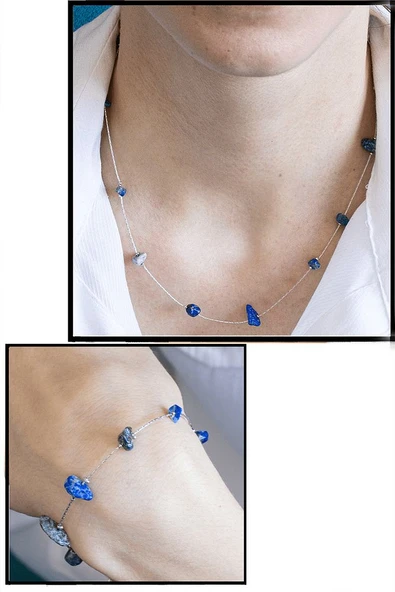 Sertifikalı Lapis Lazuli Taşlı Doğal Taş Kolye Bileklik Seti ürün görseli 1