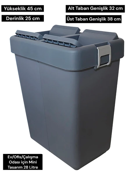 Technow Motek 28 Litre Mini Tasarım Geri Dönüşüm Ofis/Ev/Çalışma Odası Çöp Kutusu Kovası Antrasit ürün görseli 1