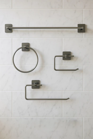 Yapışkanlı Krom 4’lü Banyo & Mutfak Havluluk Seti – WC Kağıtlık, Rulo, Çember & Uzun Havlu Askısı ürün görseli 1