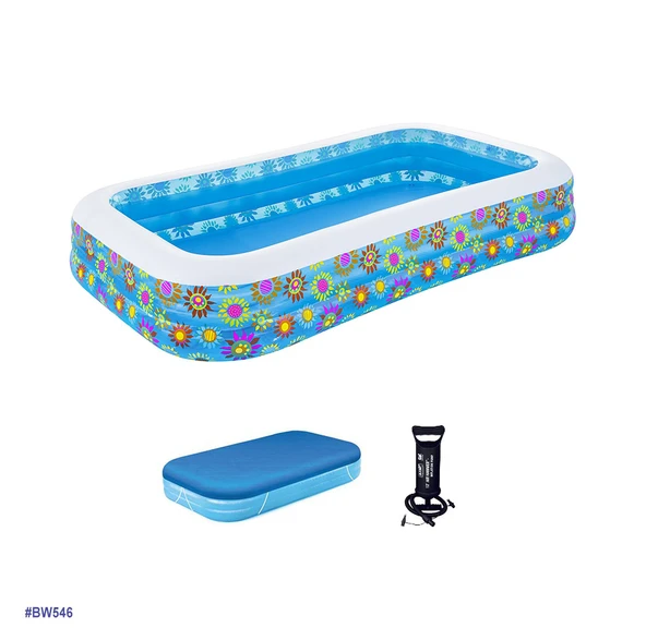 Bestway Çiçek Desenli Şişme Aile Havuzu 305x183x56 cm + El Pompası + Üst Kapama Örtüsü 54121 BW546 ürün görseli 1