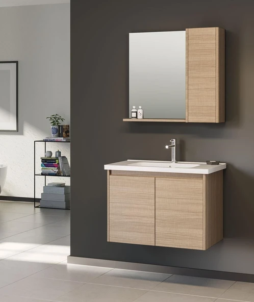 Orka Düden 80 cm MDF Kapaklı Meşe Banyo Dolabı Takımı ürün görseli 1