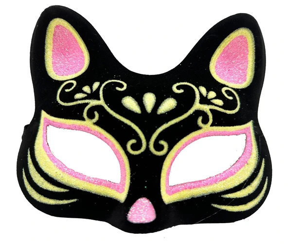 Siyah Renk Süet Kaplama Üzeri Pembe Sarı Simli Kedi Maskesi 17x14 cm ürün görseli 1