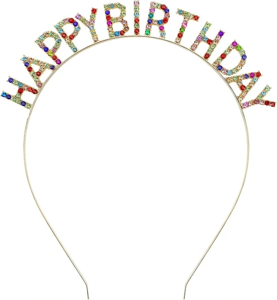 Rengarenk Kristal Taşlı Ekstra Lüks Gümüş Kaplama Happy Birthday Taç 16x17 cm ürün görseli 1