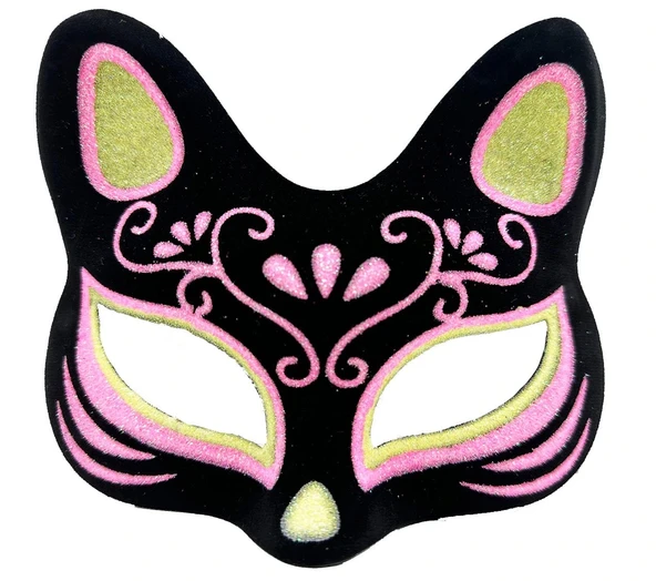 Siyah Renk Süet Kaplama Üzeri Sarı Pembe Simli Kedi Maskesi 17x14 cm ürün görseli 1
