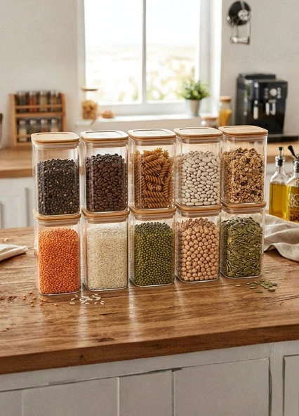 10’lu Bambu Desenli Erzak Saklama Kabı Seti - Hava Almaz Sızdırmaz Vakumlu 1,65 L Bakliyat ürün görseli 1