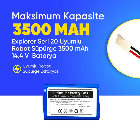 Explorer Seri 20 Uyumlu Robot Süpürge 3500 mAh 14.4 V  Batarya – Orjinal Uyumlu Uzun Ömürlü, Yüksek Performans Pil ürün görseli 1