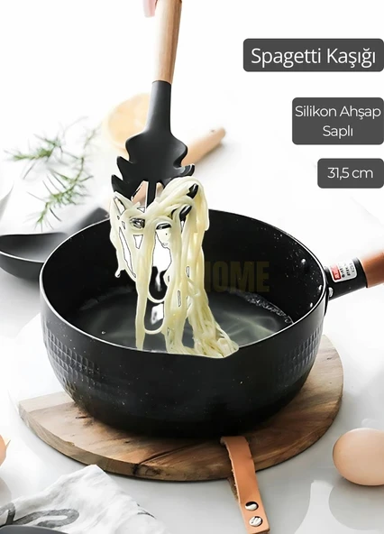Silikon Spagetti Kaşığı Mutfak Kaşık Ahşap Saplı 31,5 cm ürün görseli 1