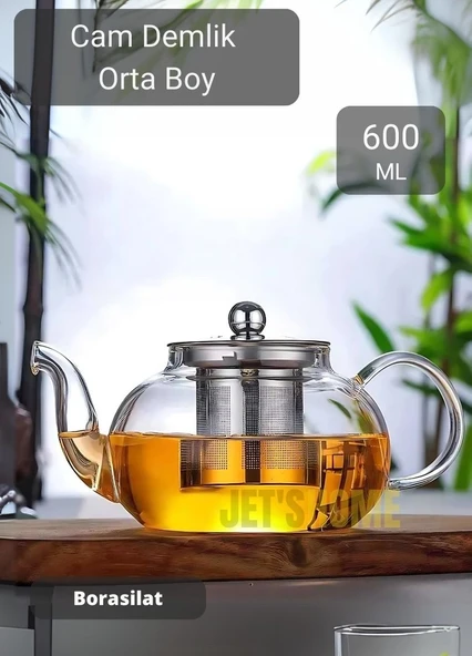 Cam Demlik Çelik Süzgeçli Demlik Isıya Dayanıklı Bitki Çayı Demliği Borosilat 600 ml ürün görseli 1