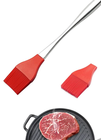 Yumurta Fırçası Mutfak Fırçası Paslanmaz Saplı Sos Fırçası Hamur Fırçası Silikon Kırmızı 31.5 cm ürün görseli 1