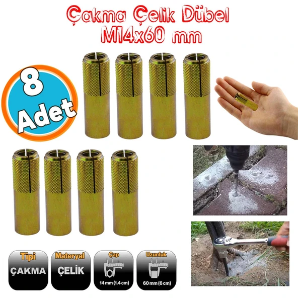 Çakma Çelik Dübel İç Dişli 8 Adet M14x60 mm Raf İskele Montaj Bağlantı Monte Beton Asma Aparat ürün görseli 1