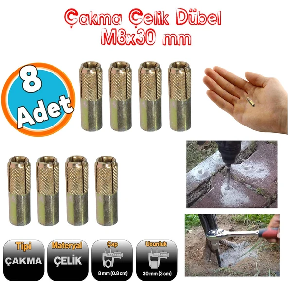 Çakma Çelik Dübel 8 Adet İç Dişli M8x30 mm Raf İskele Montaj Bağlantı Monte Tavan Asma Aparat ürün görseli 1