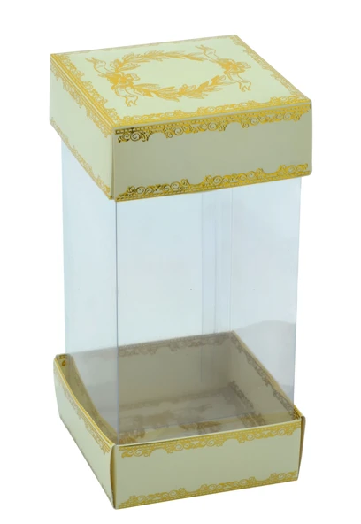 Hediyelik Alt Üst Karton Kapak Krem Gold Varaklı Arası Asetat Kutu (8CMX8CMX16.5CM) ürün görseli 1