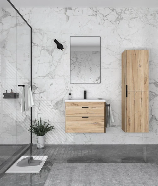 Orka Trio 65 cm MDF Çekmeceli Senza Asma Banyo Dolabı Takımı ve Boy Dolabı ürün görseli 1